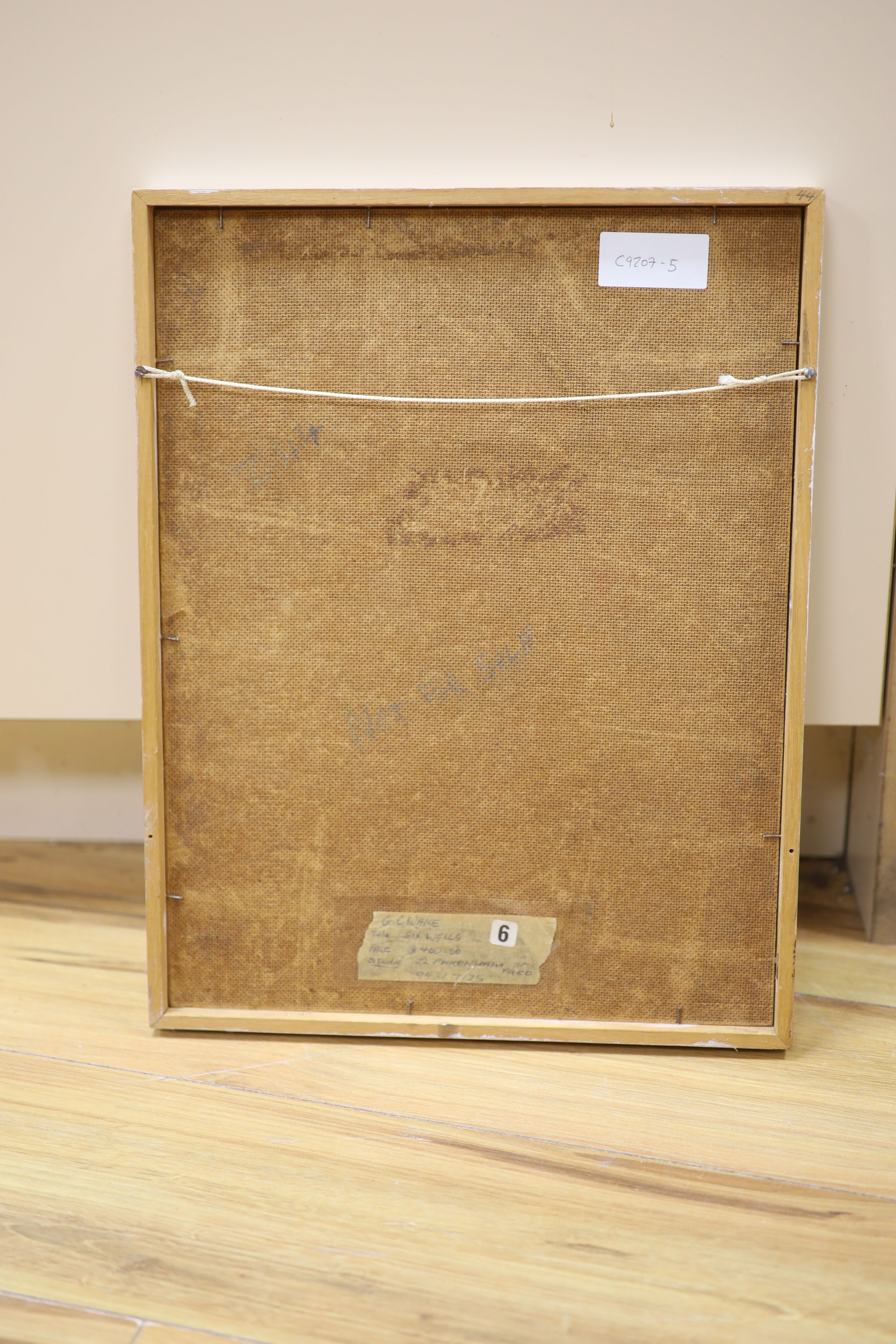 G. L. Wake (Australian), mixed median, 'Modernist study of circus performers' label verso, PS Art Space, 22 Pakenham Street, Freemantle Australia, 'Six Wells', 39 x 30cm